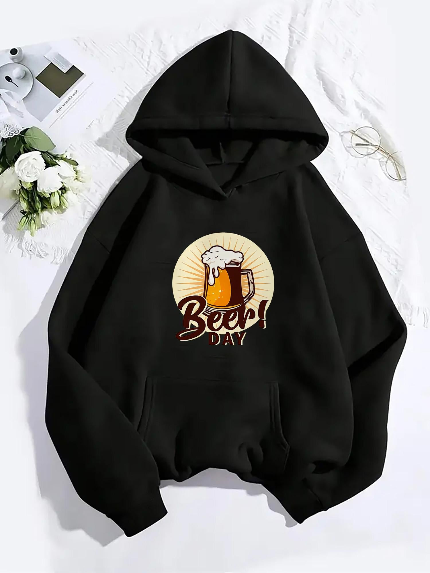 Tailorly Women's Printed Hoodie - Beer Day Foamy Mug With Sunburst And Rustic Beer