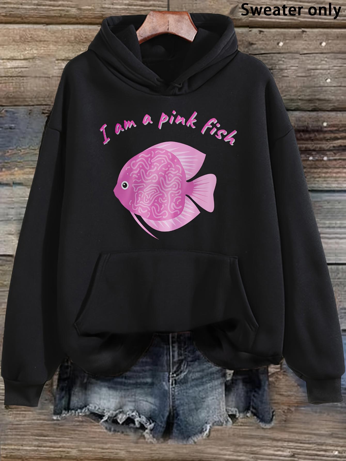 Tailorly Women's Printed Hoodie - I Am A Pink Fish Playful Text With Glittering Pink Graphics Cartoon Fish