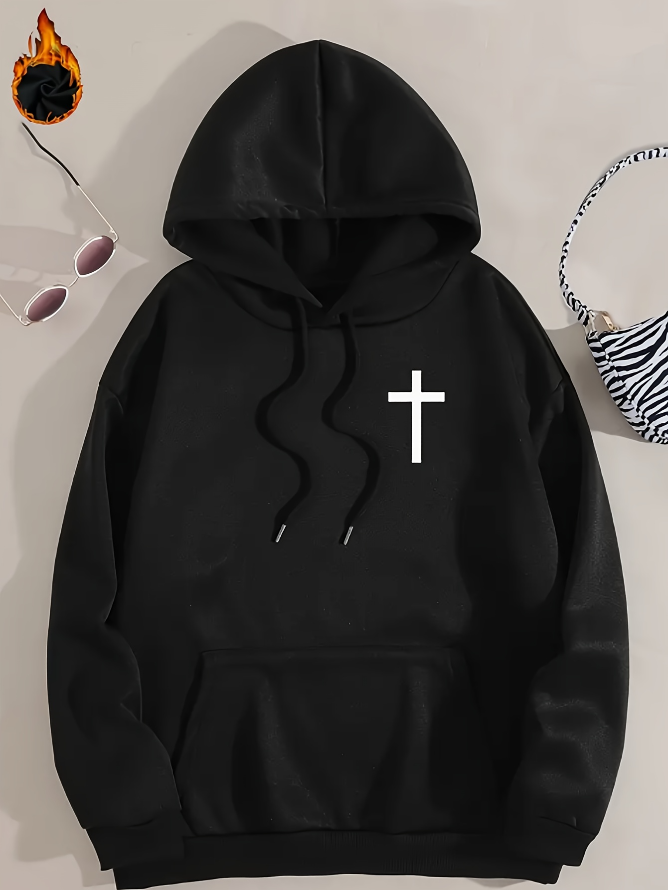 Tailorly Women's Printed Hoodie - Minimalist White Cross On Black Hoodie