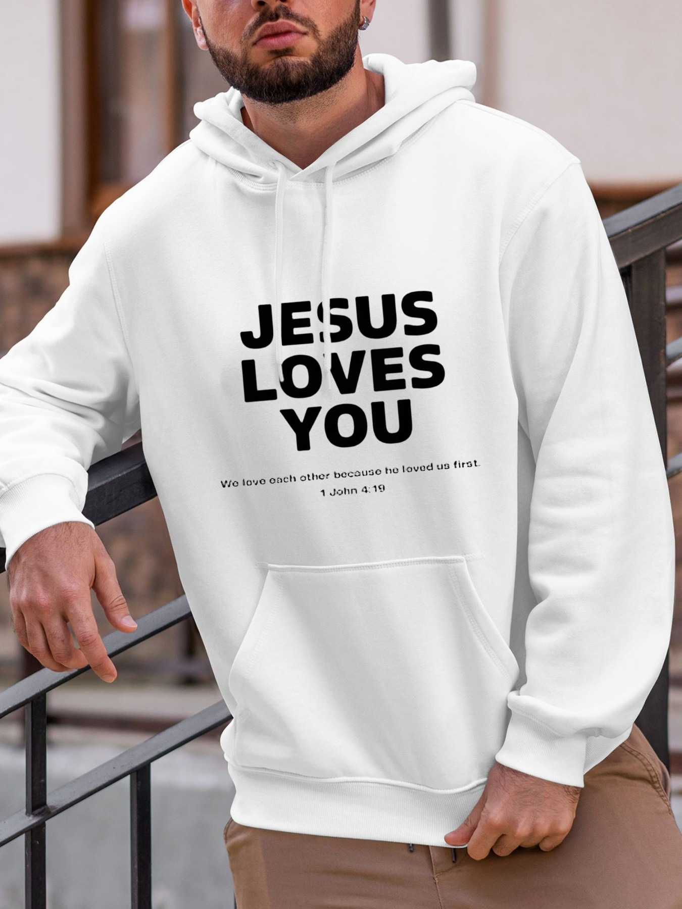 Tailorly Men's Printed Hoodie - Jesus Loves You Bold Black Text With Simple Religious Message Hoodie