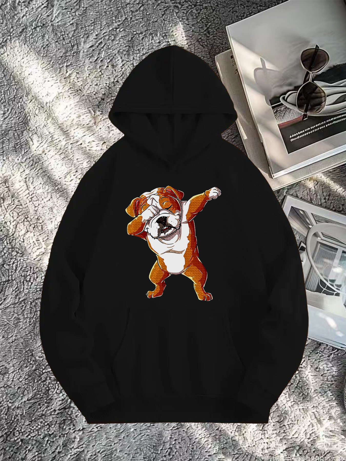 Tailorly Men's Printed Hoodie - Playful Bulldog Doing Dabbing Dance Under Soft Shaded Light Hoodie
