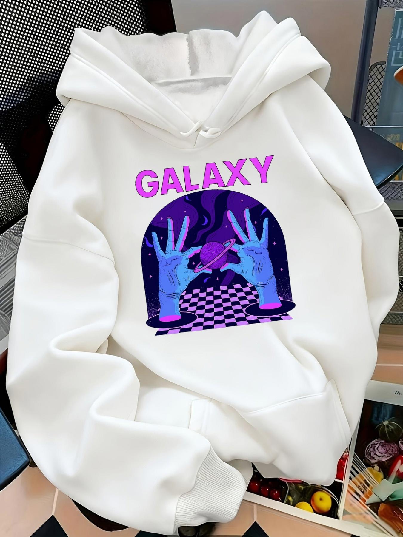 Tailorly Women's Printed Hoodie - Galaxy Neon Lights With Surreal Hands Holding A Planet