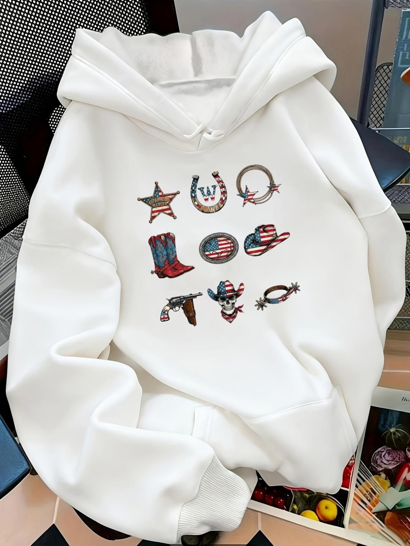 Tailorly Women's Printed Hoodie - Western American Cowboy Symbols With Vintage Stars And Wild West Boots