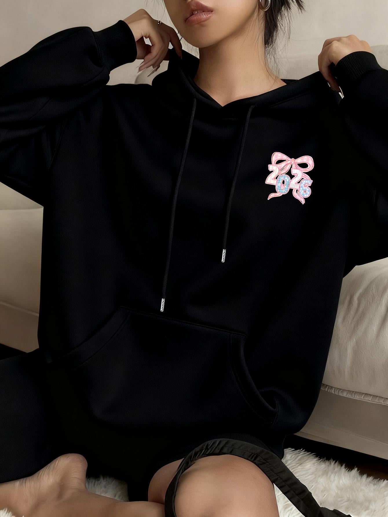 Tailorly Women's Printed Hoodie - Pastel Pink Ribbon With Playful Art Among Dark Fabric Hoodie