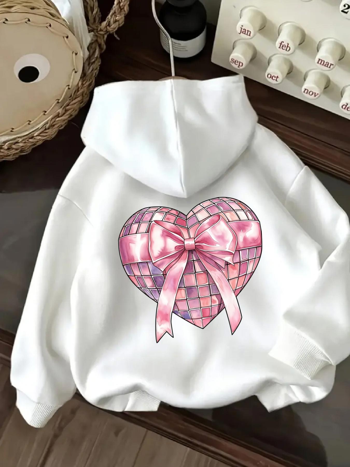 Tailorly Women's Printed Hoodie - Iridescent Grid Patterned Pink Ribbon Decorated Heart