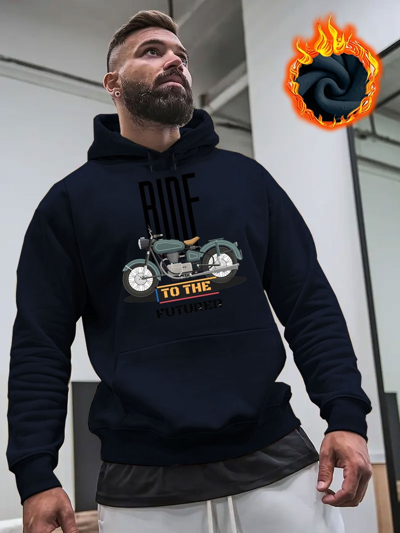 Tailorly Men's Printed Hoodie - Ride To The Horizon Classic Motorcycle Among Golden Details Motorcycle