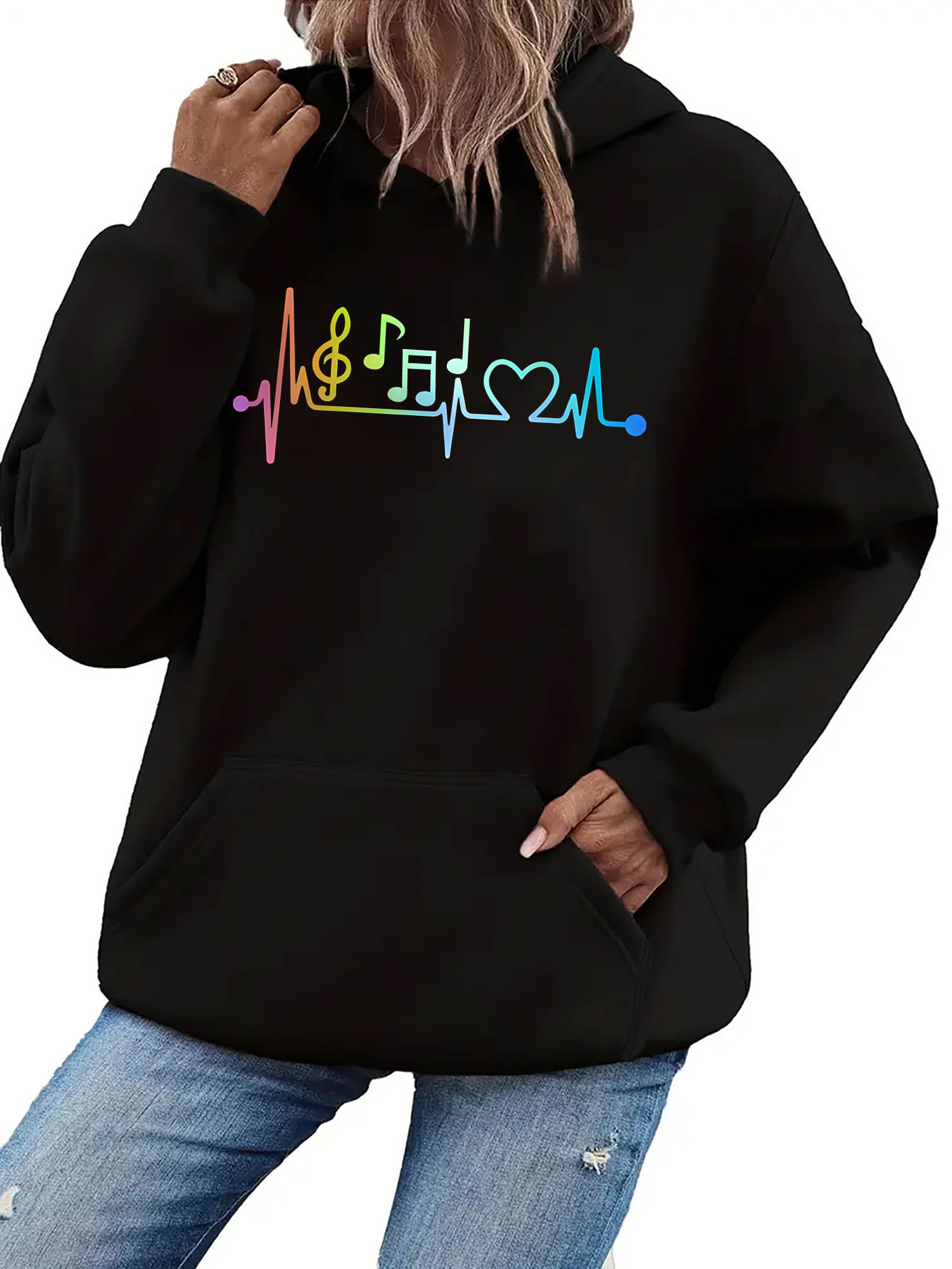 Tailorly Women's Printed Hoodie - Rainbow Heartbeat With Musical Notes Symbols And Heartbeat Line