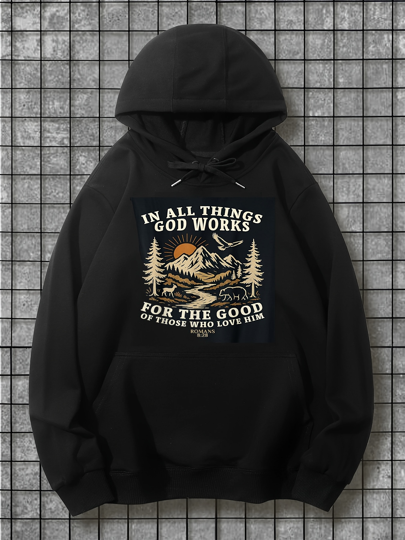 Tailorly Men's Printed Hoodie - In All Things God Works Mountain Scene With Pine Trees Sunset And River Bear