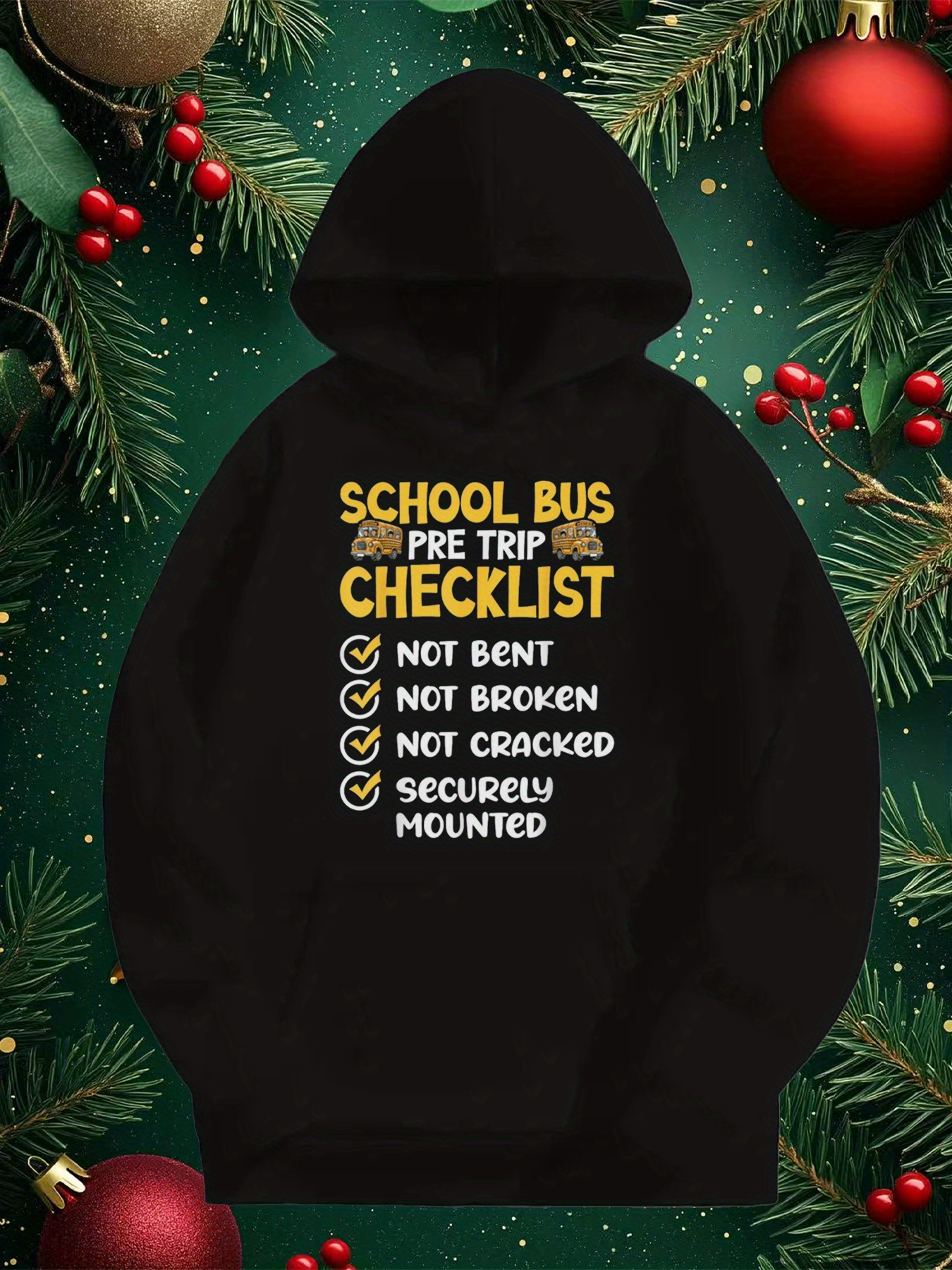 Tailorly Men's Printed Hoodie - School Bus Pre Trip Checklist With Yellow Checkmarks On Black Hoodie