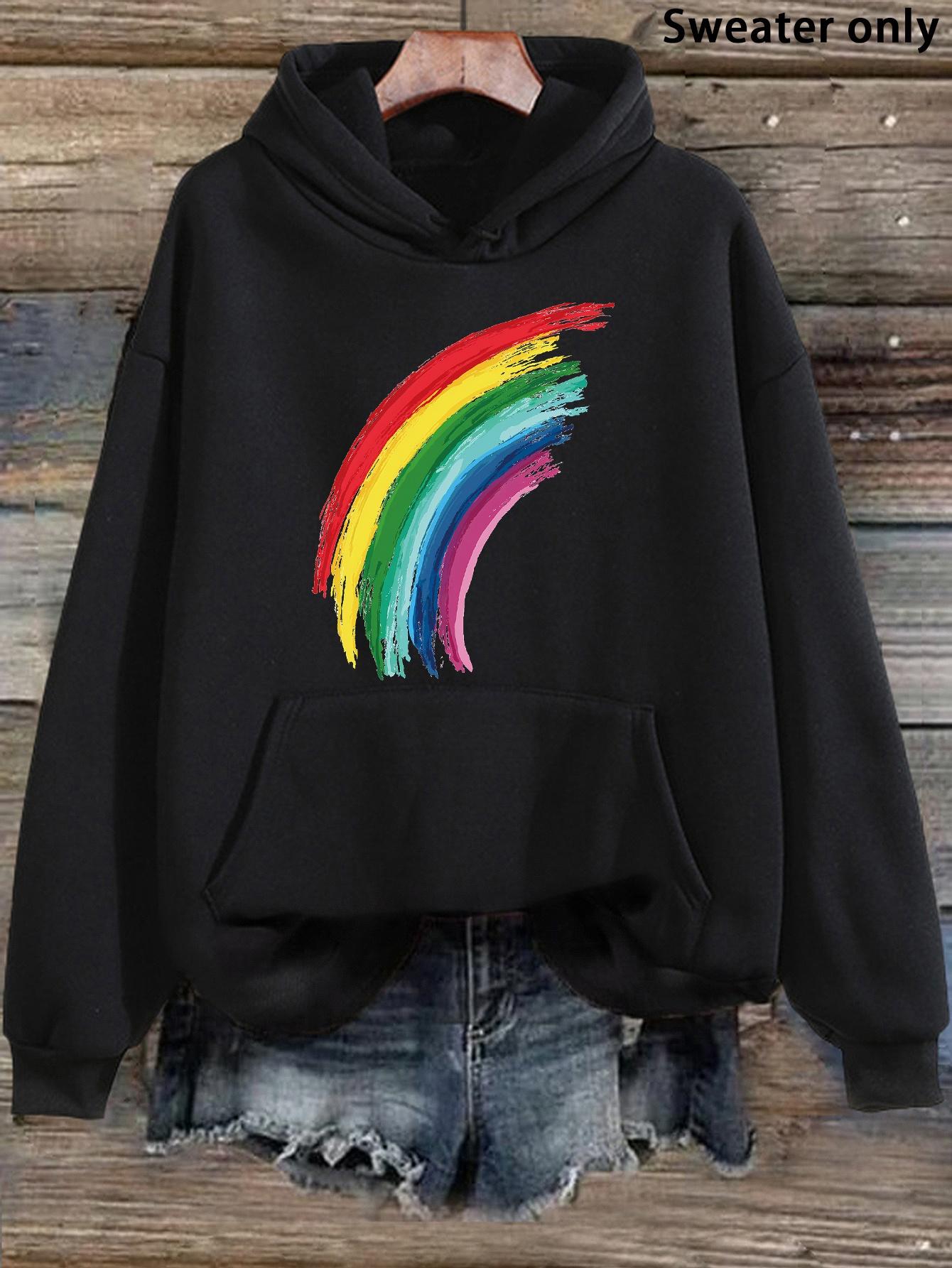Tailorly Women's Printed Hoodie - Brushed Paint Strokes With Vibrant Colors Arched Across Rainbow