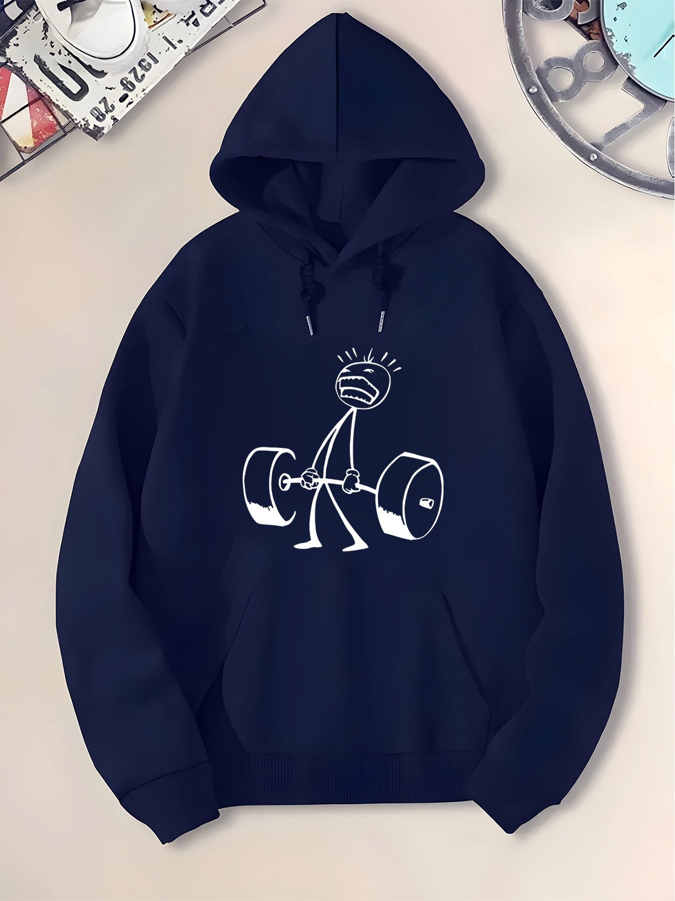 Tailorly Men's Printed Hoodie - Hand Drawn Cartoon Character Lifting Heavy Weights With Exaggerated Barbell