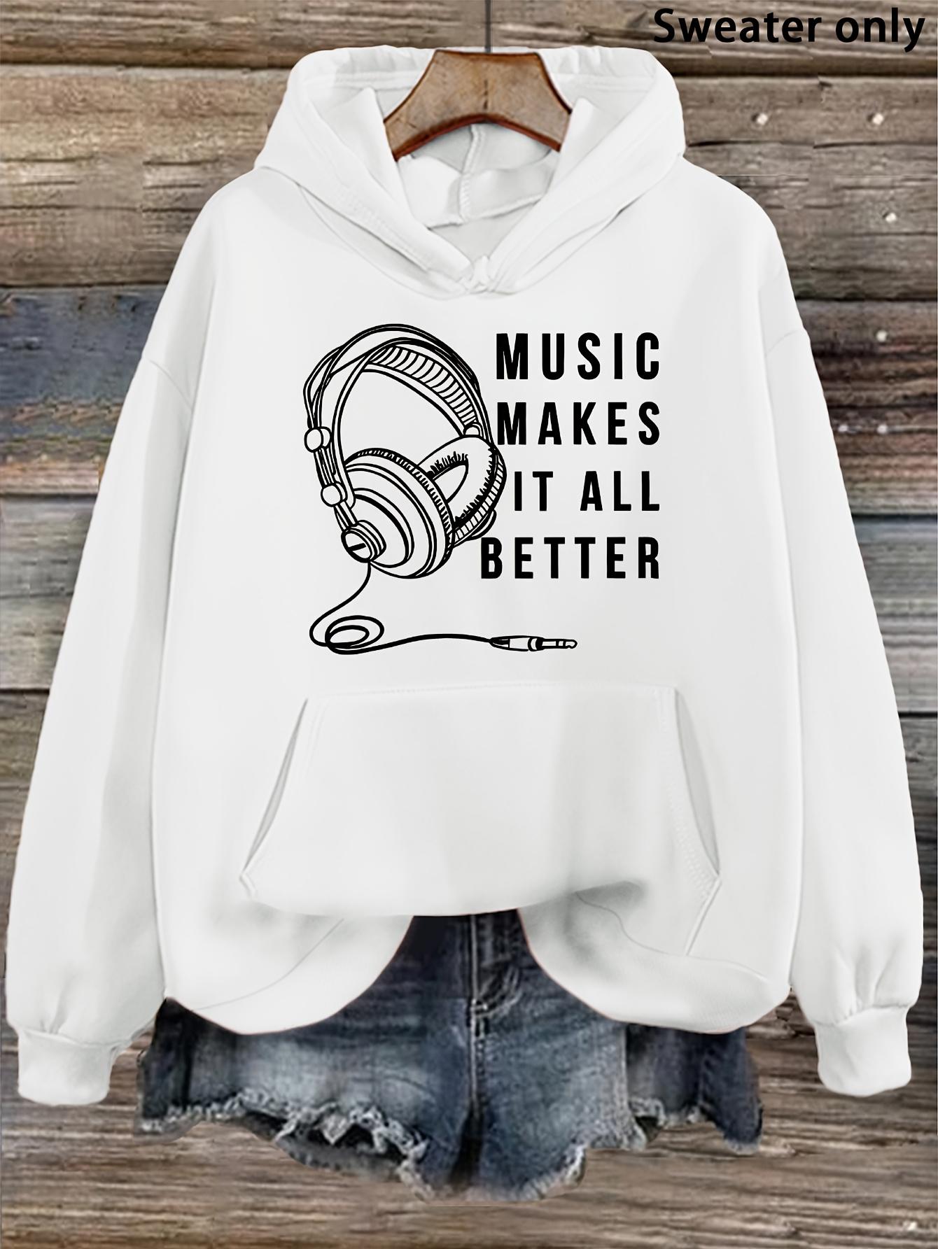 Tailorly Women's Printed Hoodie - Music Makes It All Better With Large Headphones And Long Audio Cable Hoodie
