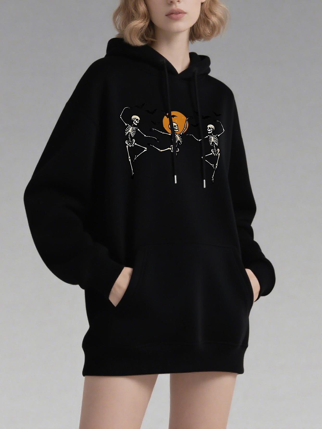 Tailorly Women's Printed Hoodie - Dancing Skeletons With Full Moon Under Night Sky Hoodie
