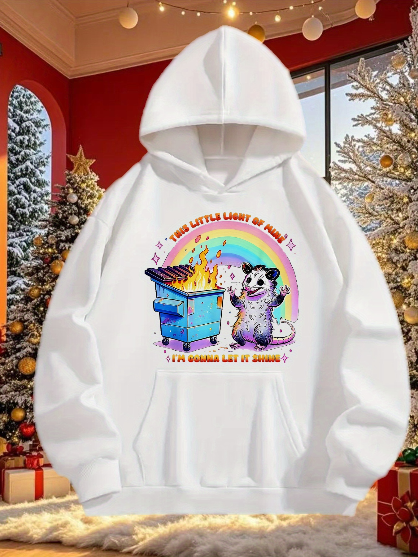 Tailorly Men's Printed Hoodie - Let That Shit Burn With Confidence Among Rainbows And Dumpster Flame Opossum