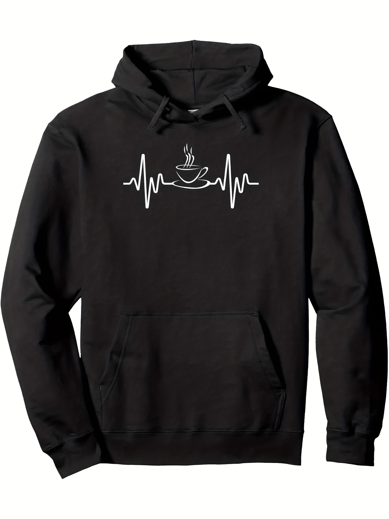 Tailorly Men's Printed Hoodie - Steaming Coffee With Heartbeat Lines And A Warm Cup