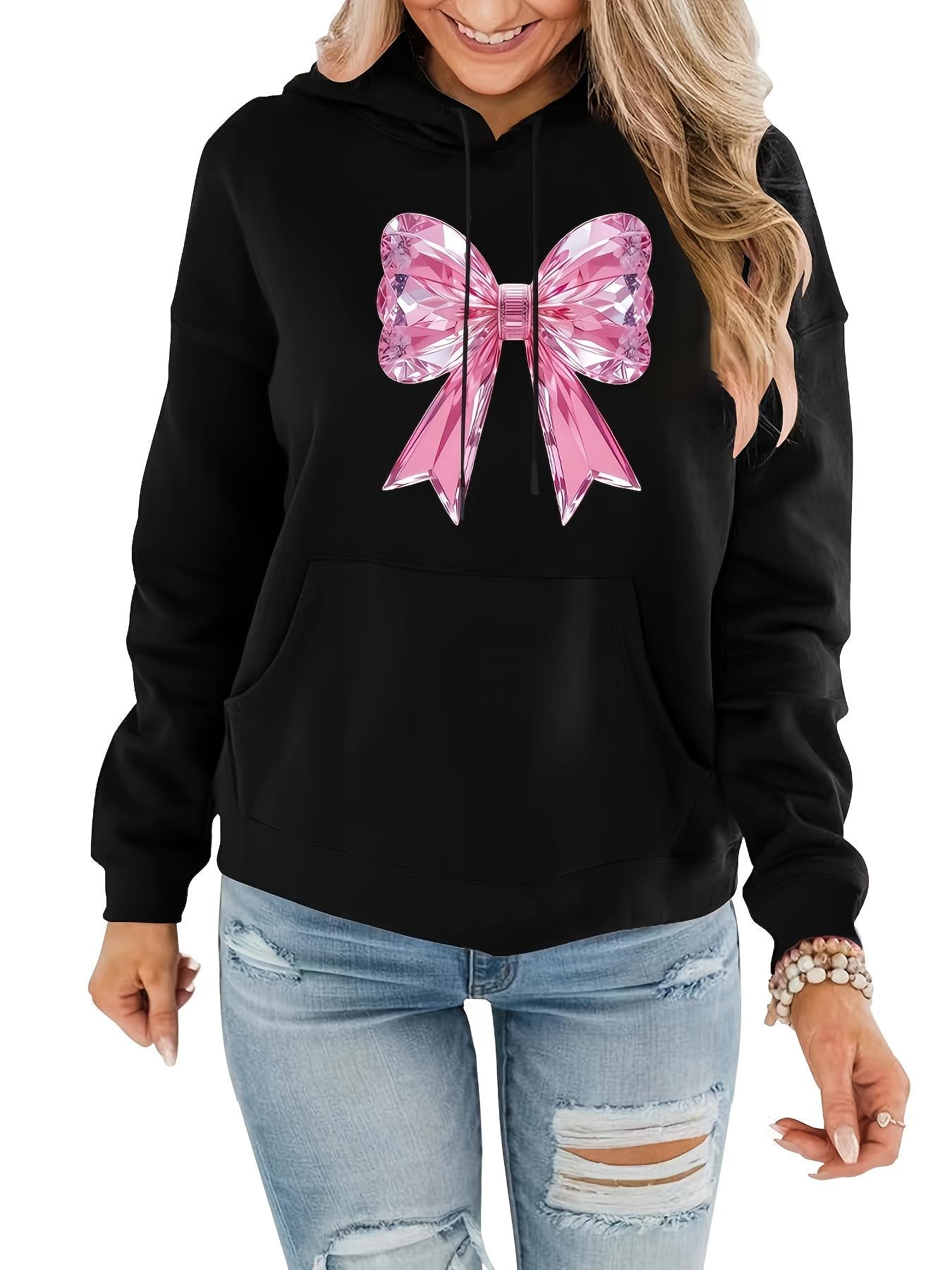Tailorly Women's Printed Hoodie - Large Pink Ribbon With Shimmering Pattern And Delicate Light Reflections Bow