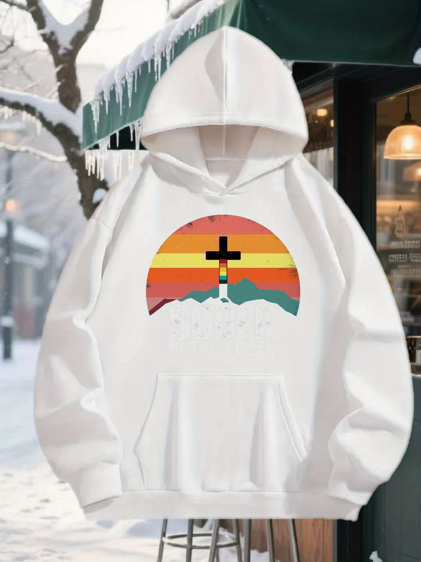 Tailorly Men's Printed Hoodie - Sunset Horizon With Mountains And Prominent Cross Symbol
