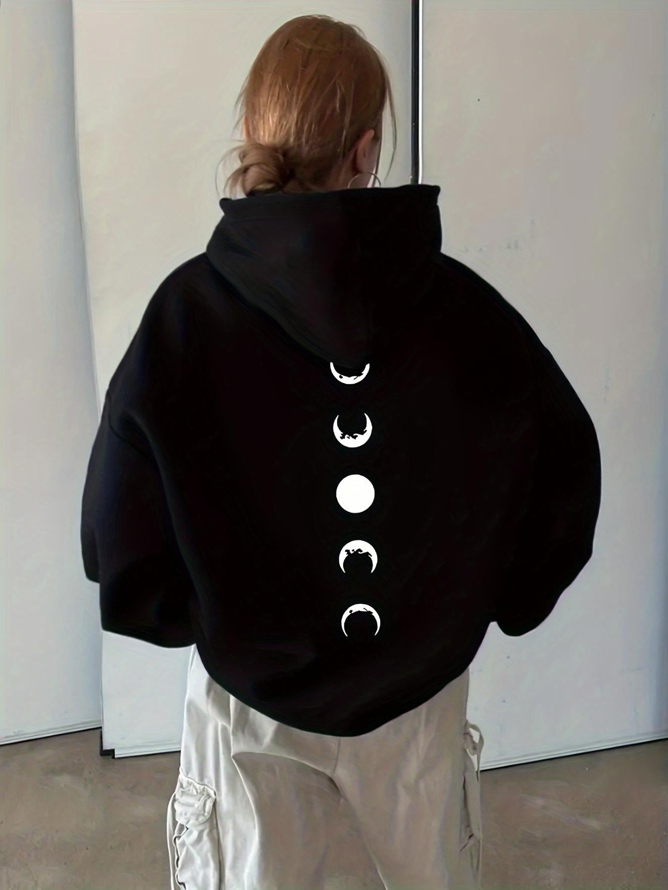 Tailorly Women's Printed Hoodie - Minimalist Phases Of The Moon Glow Among Black Fabric Hoodie