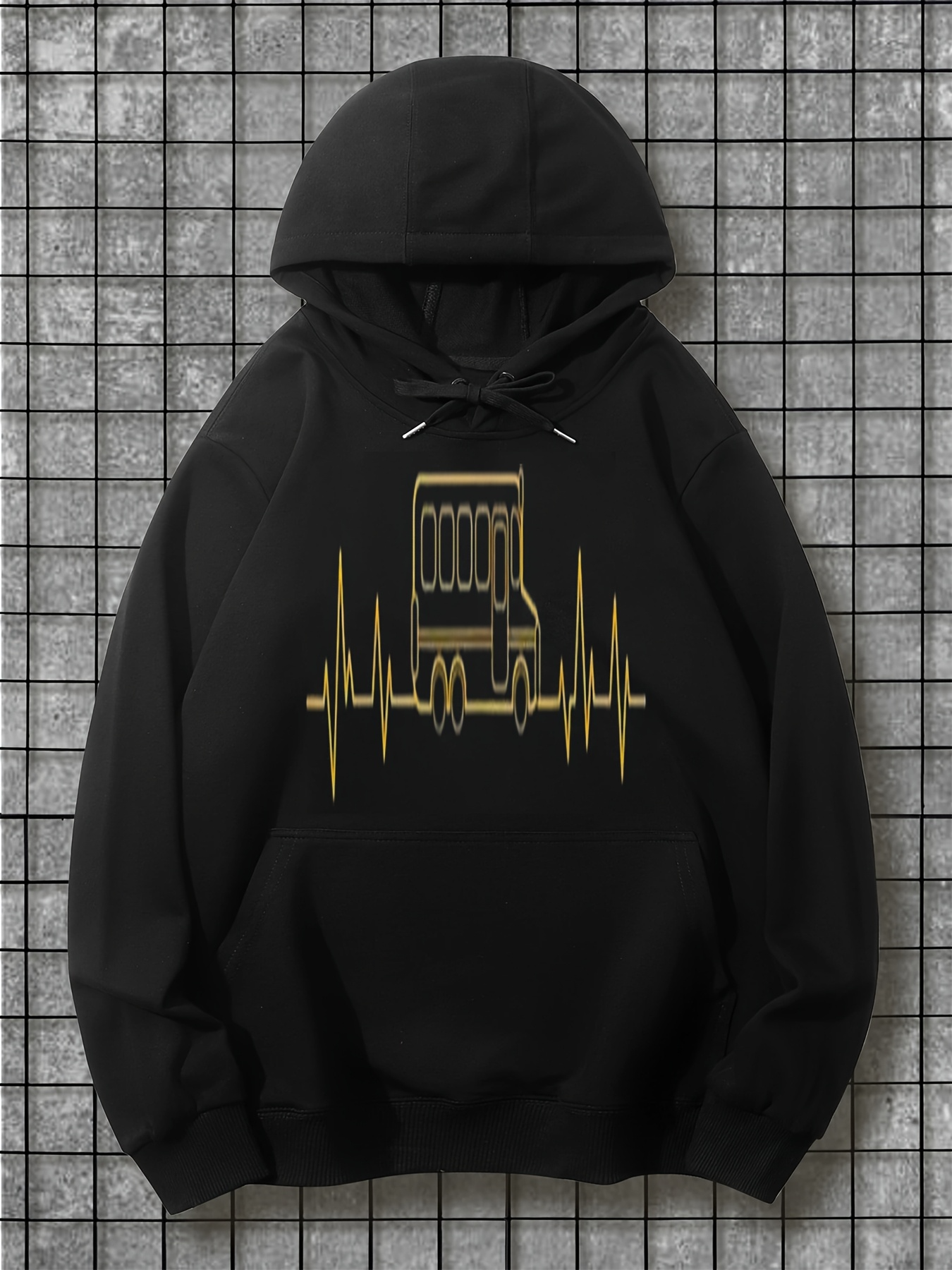 Tailorly Men's Printed Hoodie - Heartbeat With Golden Sound Waves And Simple Barcode Graphic