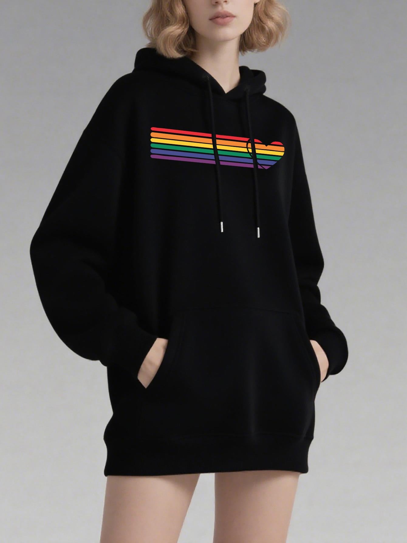 Tailorly Women's Printed Hoodie - Minimalist Rainbow Stripes Across Simple Black Hoodie