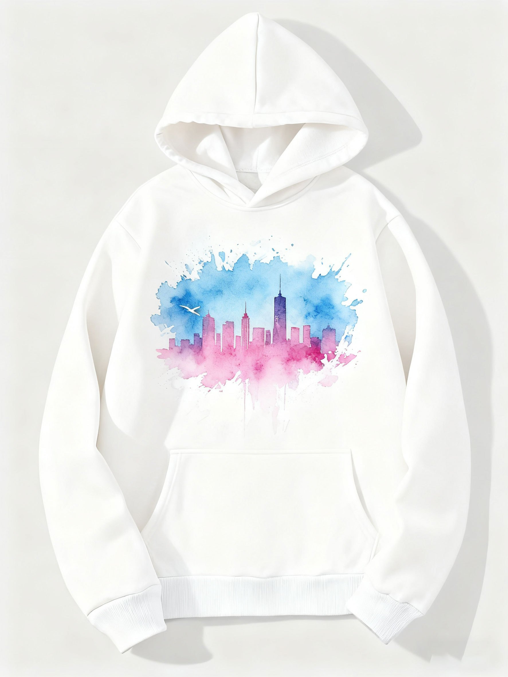 Tailorly Men's Printed Hoodie - Vibrant Watercolor Skyline With Soft Blue Pink Cloud Cityscape