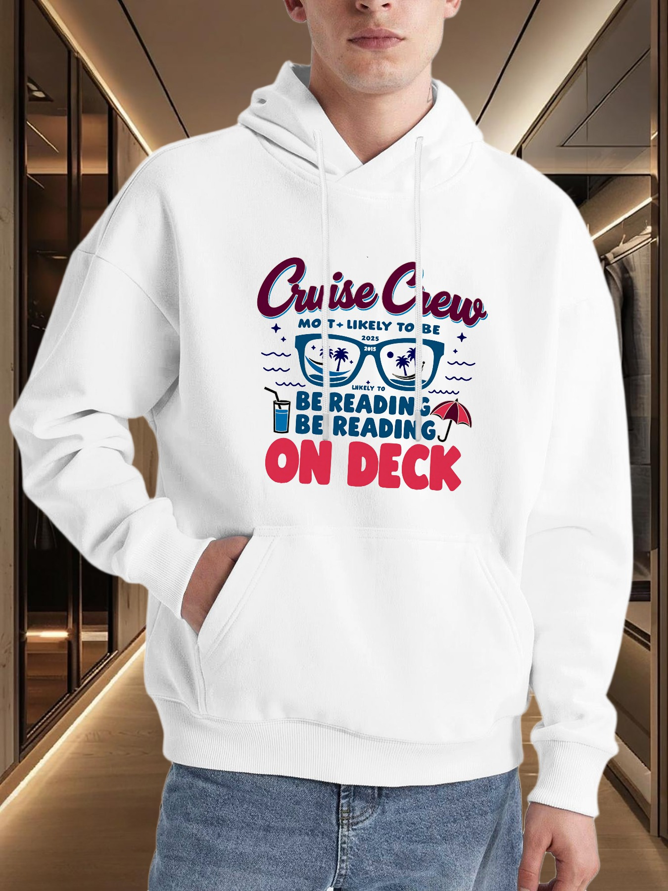 Tailorly Men's Printed Hoodie - Cruise Crew Summer Sunlight With Glasses Waves And Nautical Book Deck