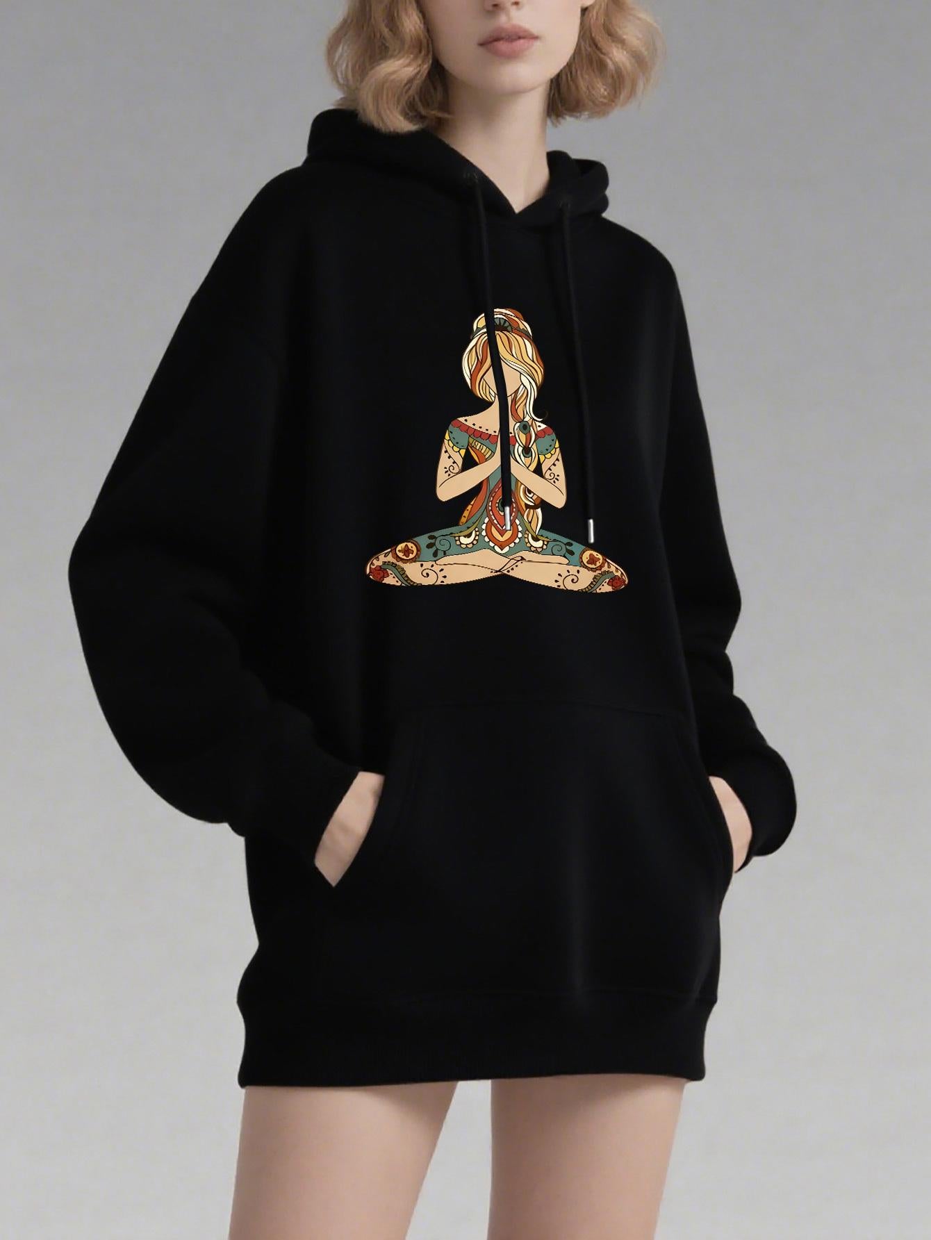 Tailorly Women's Printed Hoodie - Meditative Woman With Patterned Clothes Sitting Cross Legged Art Figure