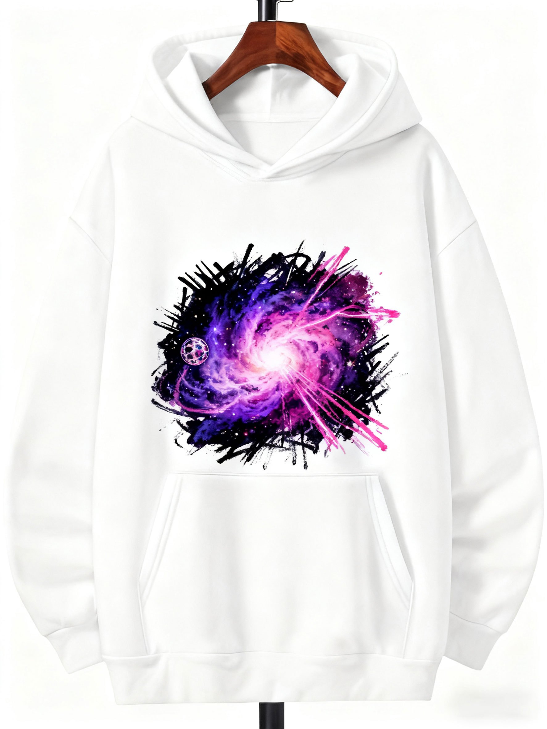 Tailorly Men's Printed Hoodie - Electric Vortex Swirling With Purple And Pink Cosmic Galaxy Nebula