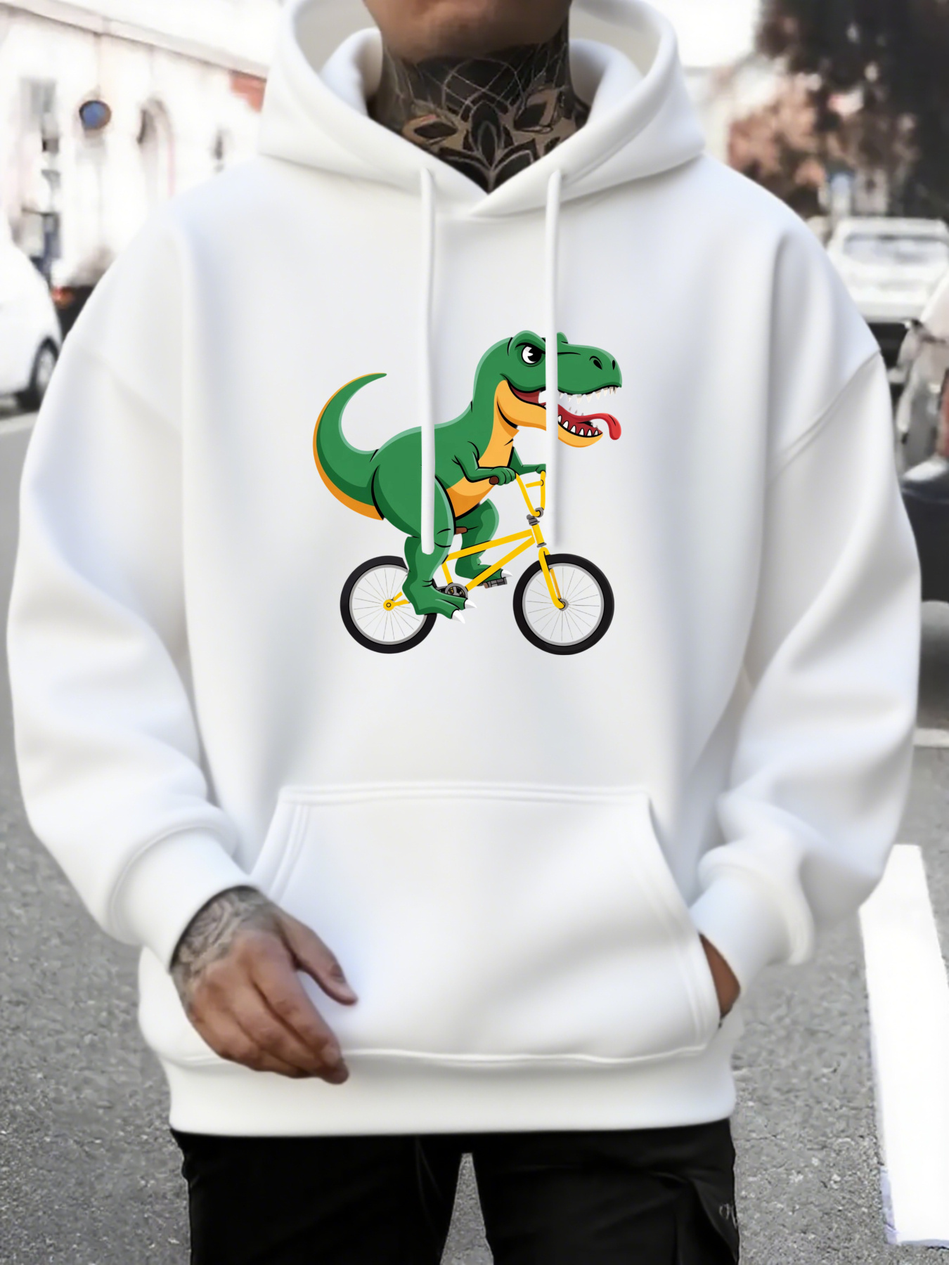Tailorly Men's Printed Hoodie - Whimsical Green Dinosaur Riding A Yellow Bike Through City Streets Dinosaur