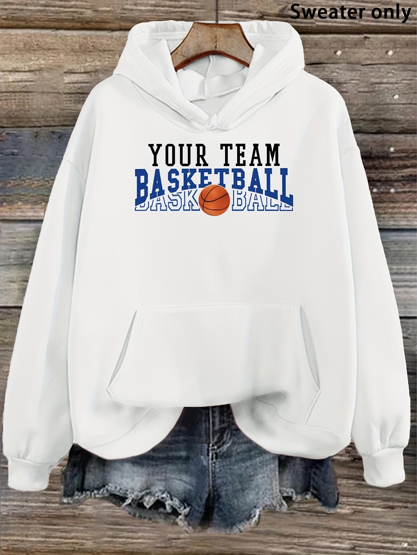Tailorly Women's Printed Hoodie - Your Team Blue Graphic Letters With Orange Ball Basketball