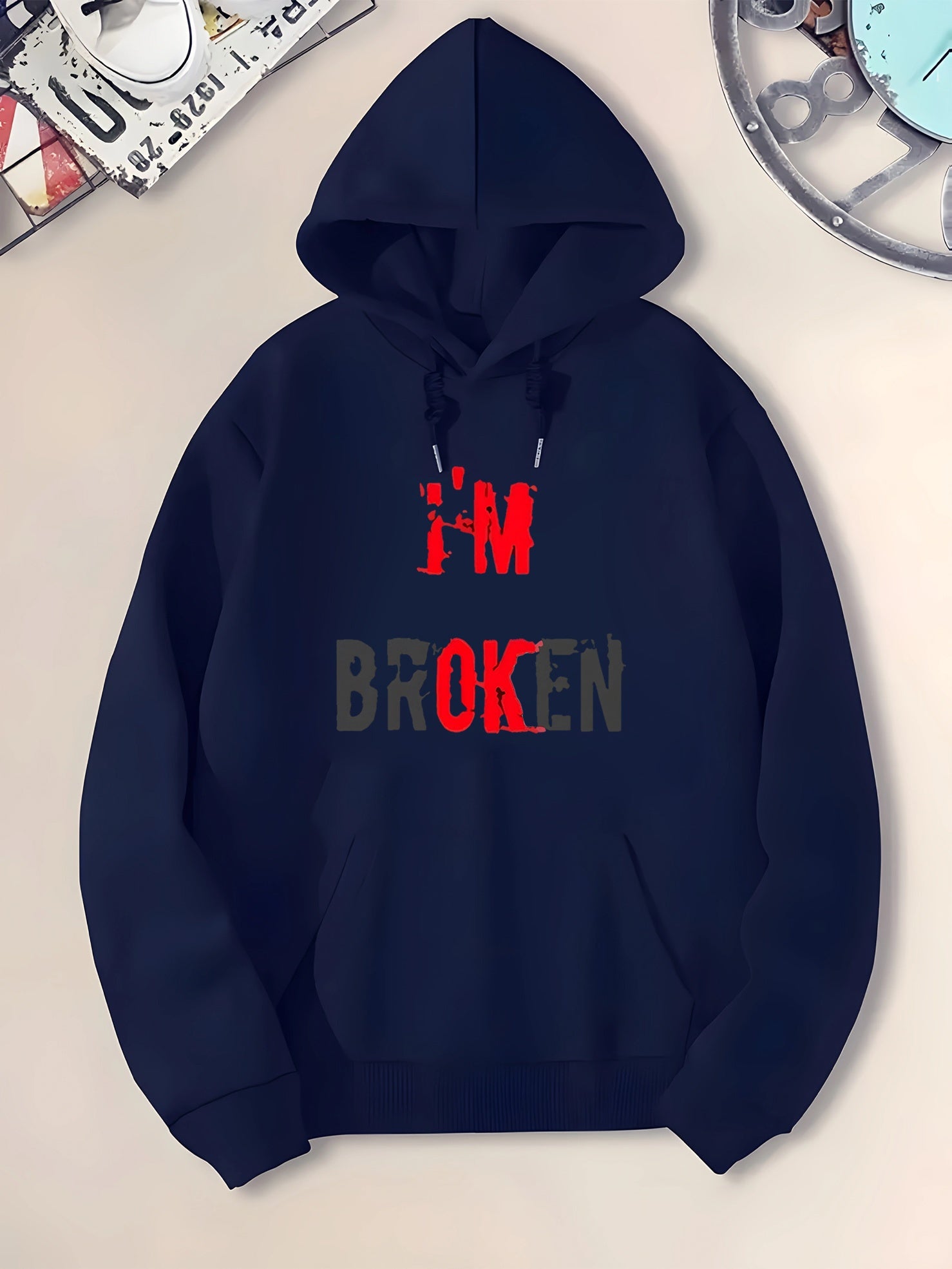 Tailorly Men's Printed Hoodie - Im Broken Grunge Style Red Lettering Across Front Hoodie