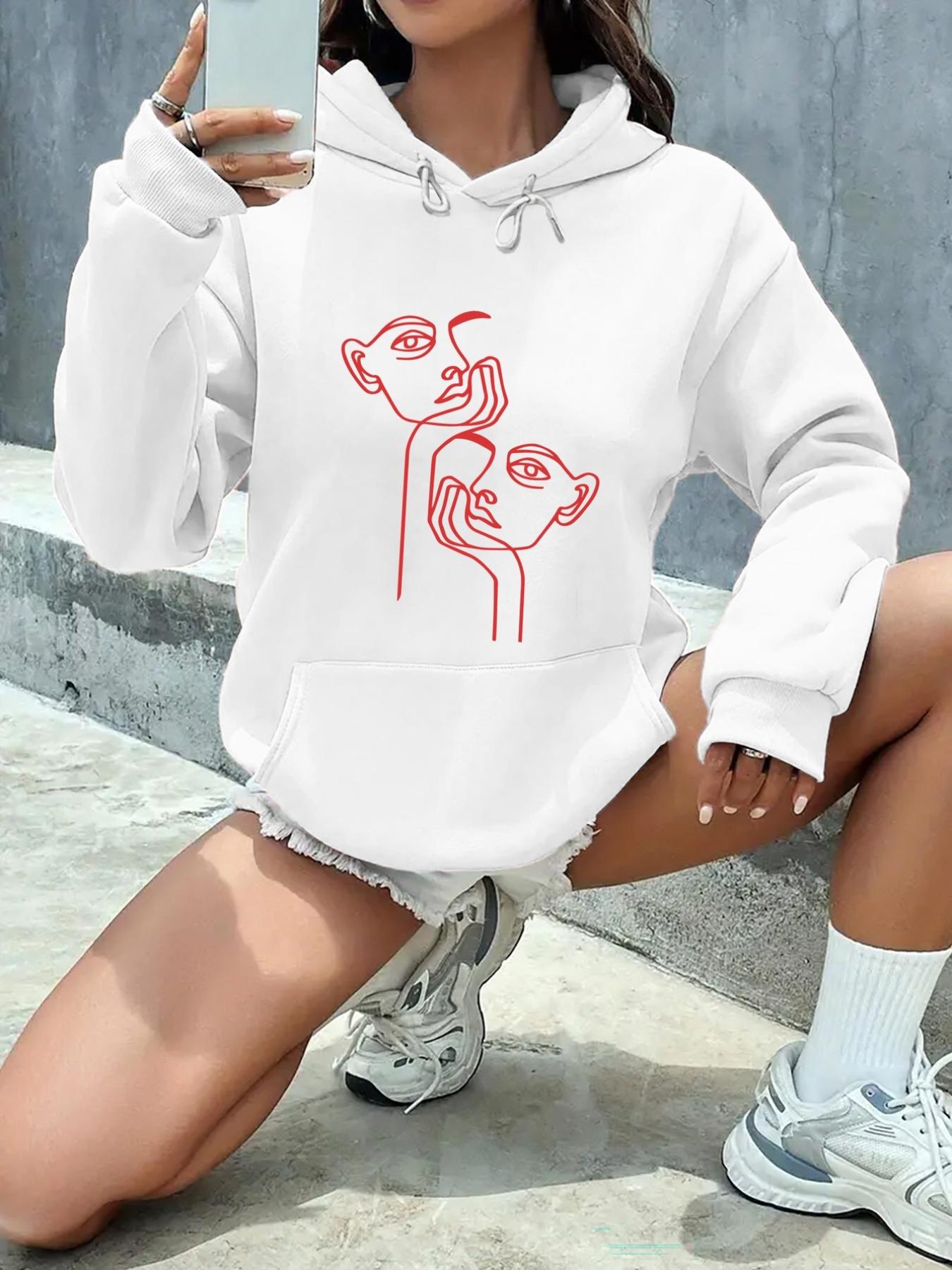 Tailorly Women's Printed Hoodie - Minimalist Red Line Art Faces With Contemporary Aesthetic Design Hoodie