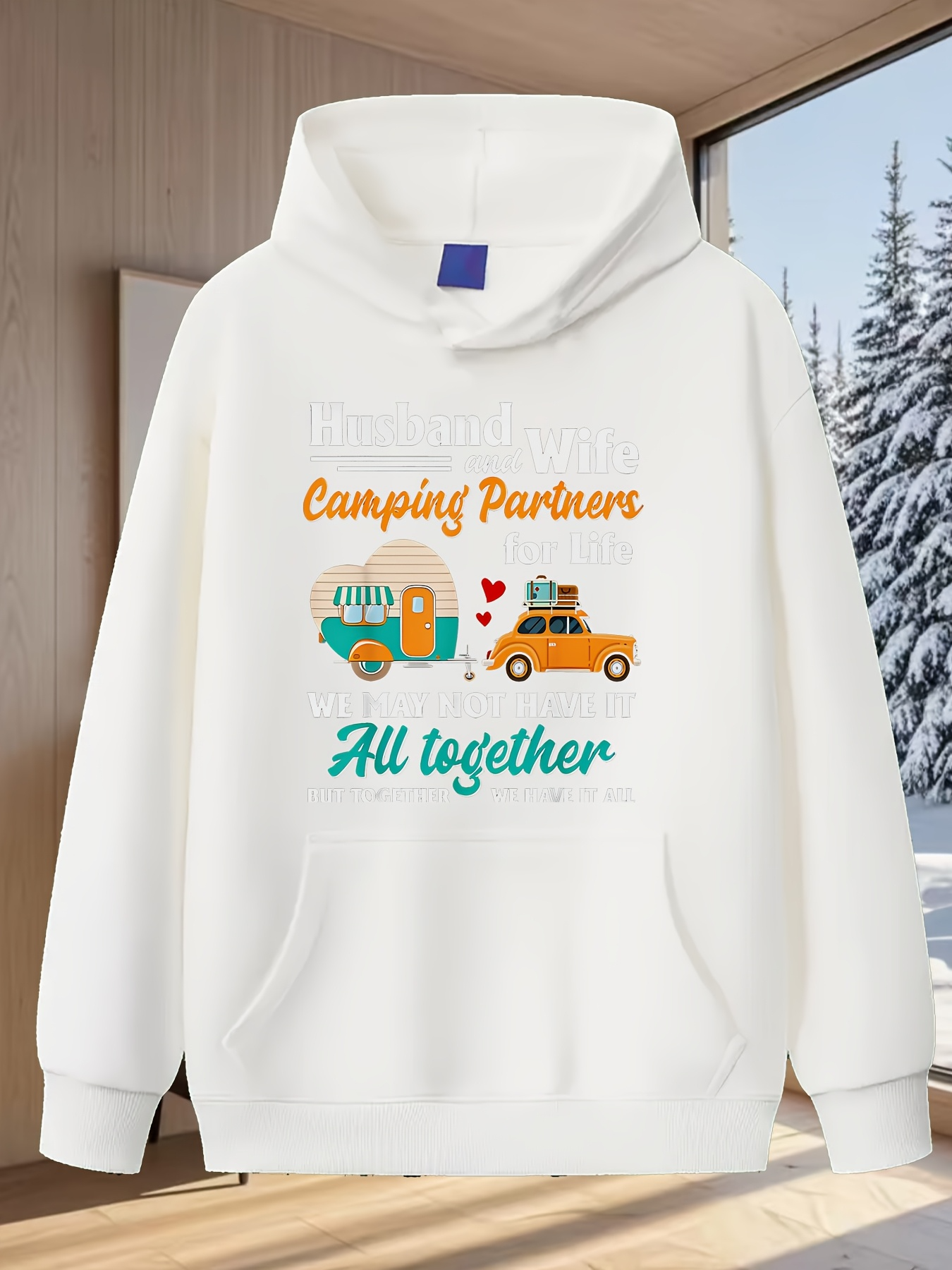 Tailorly Men's Printed Hoodie - Camping Partners With Vintage Camper Among Trees All Together Car