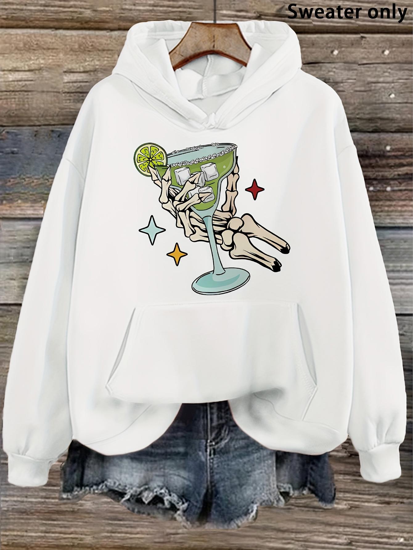 Tailorly Women's Printed Hoodie - Sparkling Margarita Glass With Skeleton Floating Among Colorful Stars Drink