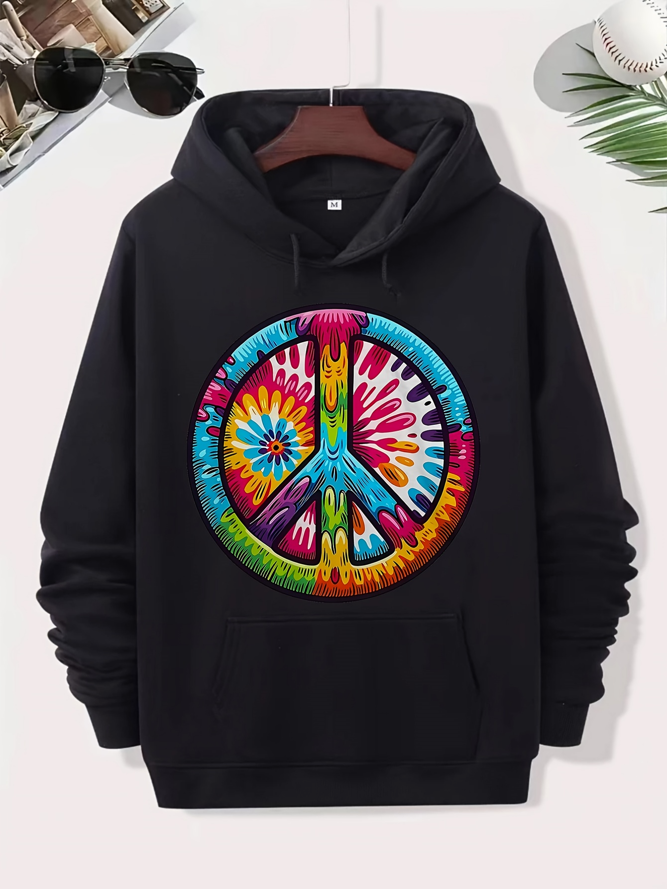 Tailorly Men's Printed Hoodie - Colorful Tie Dye Swirl With Dripping Rainbow Peace Symbol