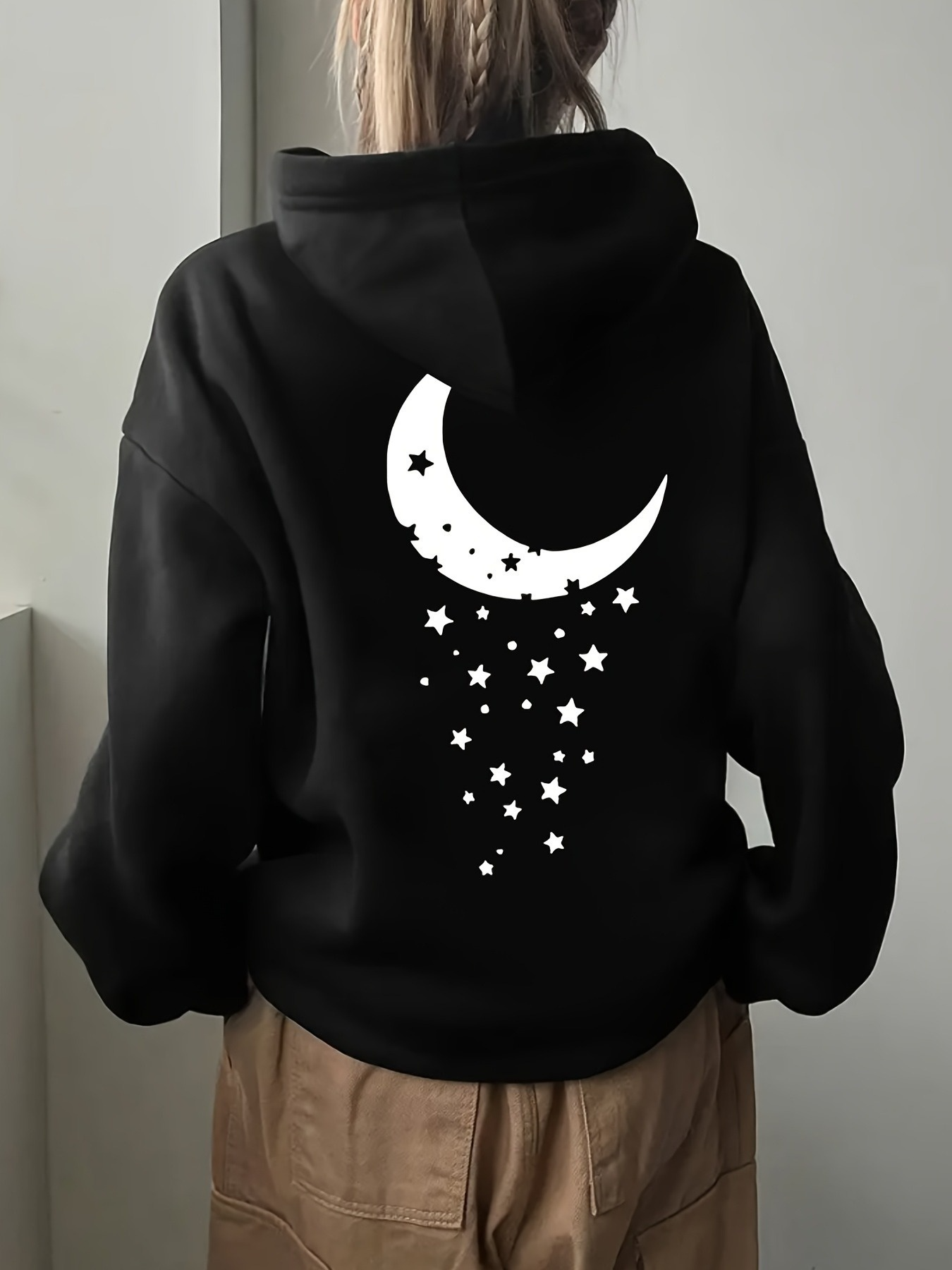 Tailorly Women's Printed Hoodie - Cascading Stars And Crescent Moon Under Night Sky Hoodie