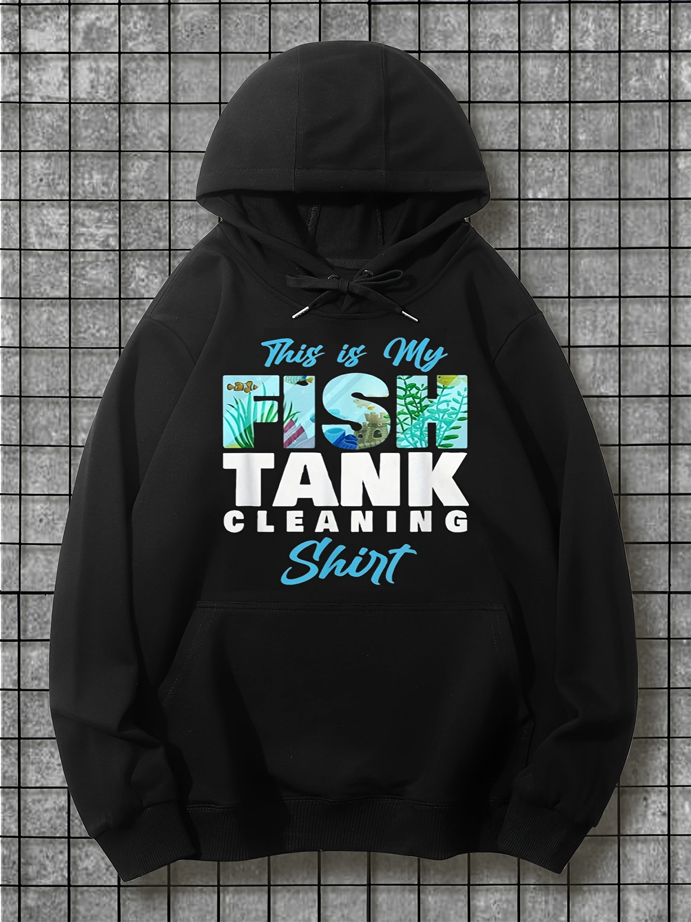 Tailorly Men's Printed Hoodie - This Is My Fish Tank Cleaning Shirt With Aqua Textures Over Black Hoodie
