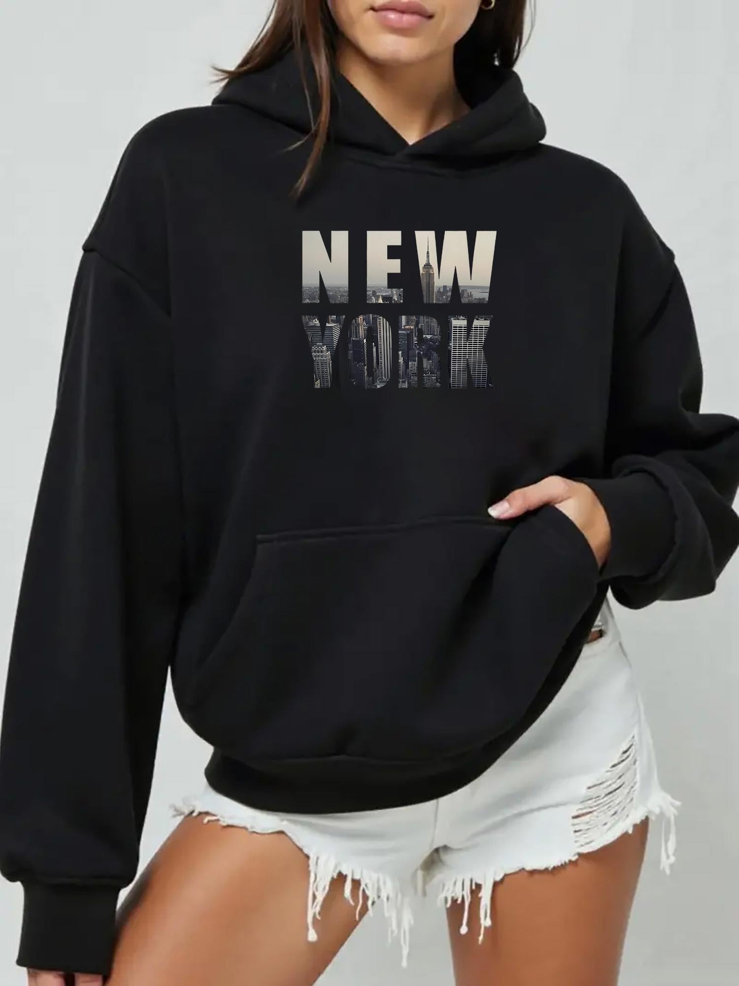 Tailorly Women's Printed Hoodie - New York Bold Letters Shadowed Cityscape Hoodie