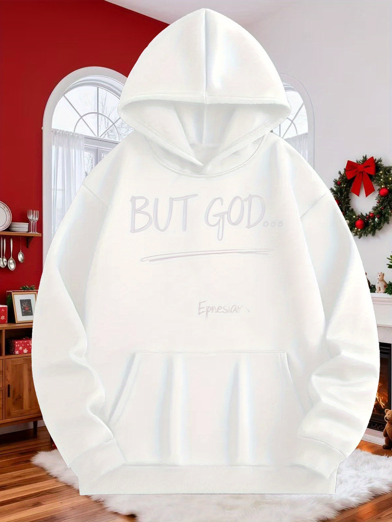 Tailorly Men's Printed Hoodie - But God Minimalist White Fleece Statement Hoodie With Light Embroidered Letters Hooded Sweatshirt