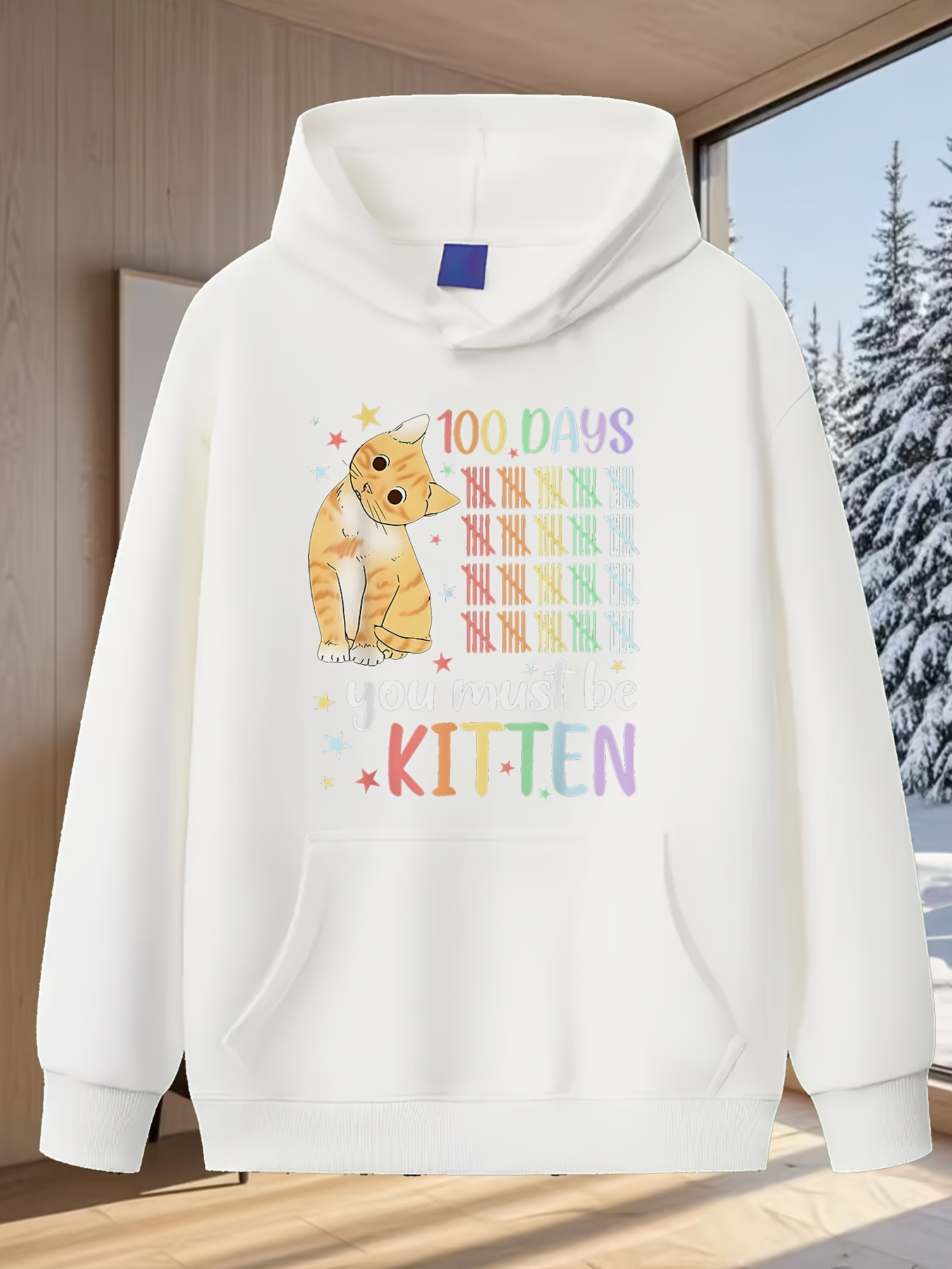 Tailorly Men's Printed Hoodie - One Hundred Days Decorated By Bright Colorful Dots Cute Kitten