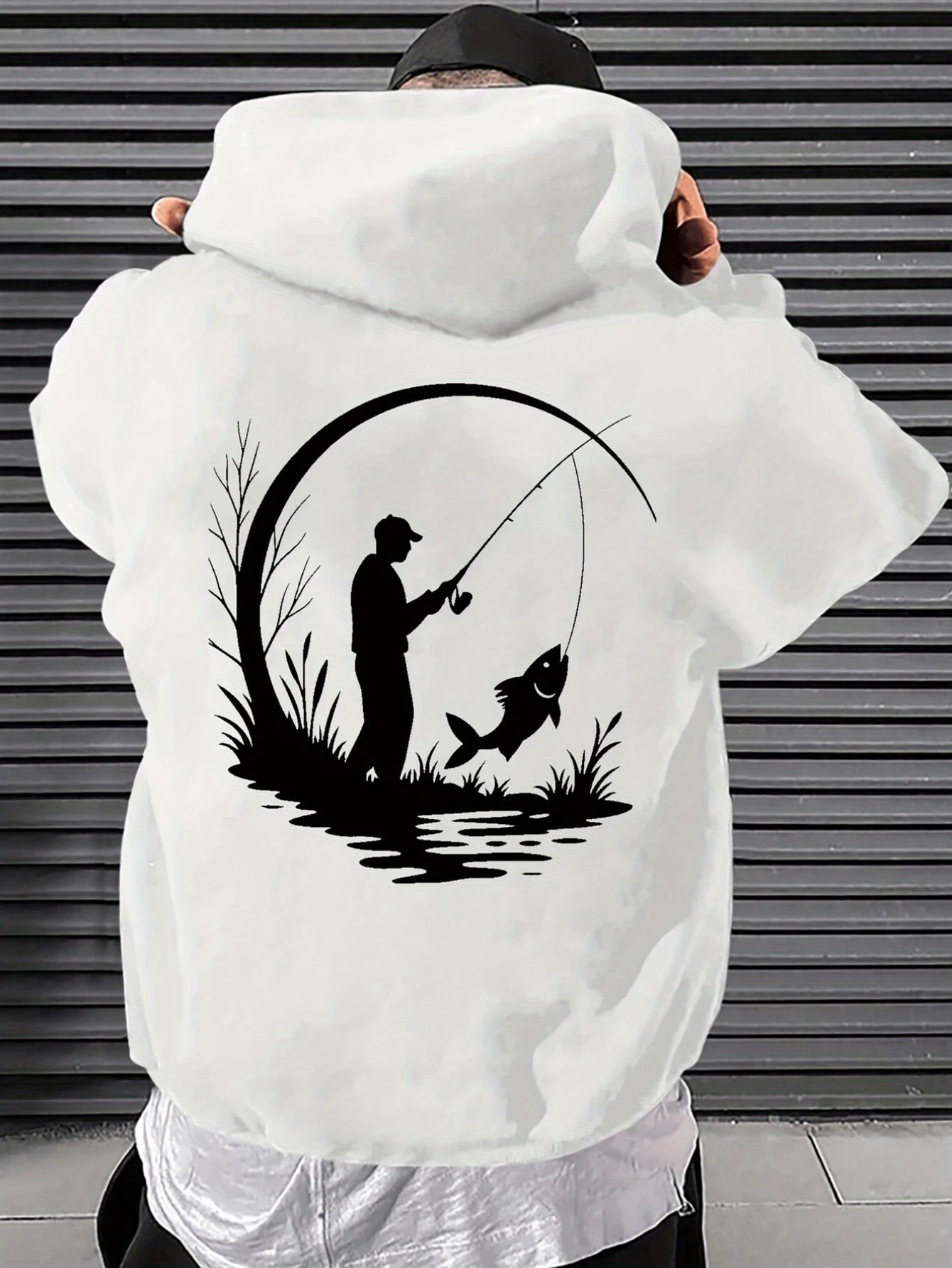 Tailorly Men's Printed Hoodie - Calm Reflection Moonlit Lake With Wild Grass And Happy Fisherman
