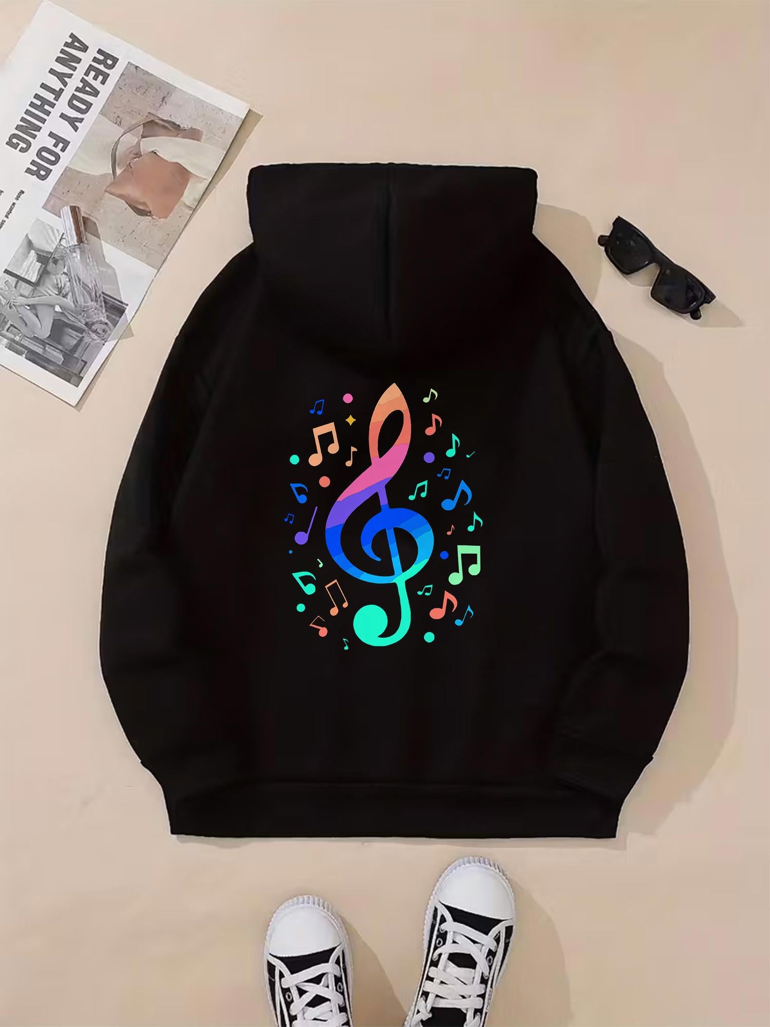 Tailorly Women's Printed Hoodie - Colorful Notes Scattered Among Vibrant Glowing Treble Clef Hoodie