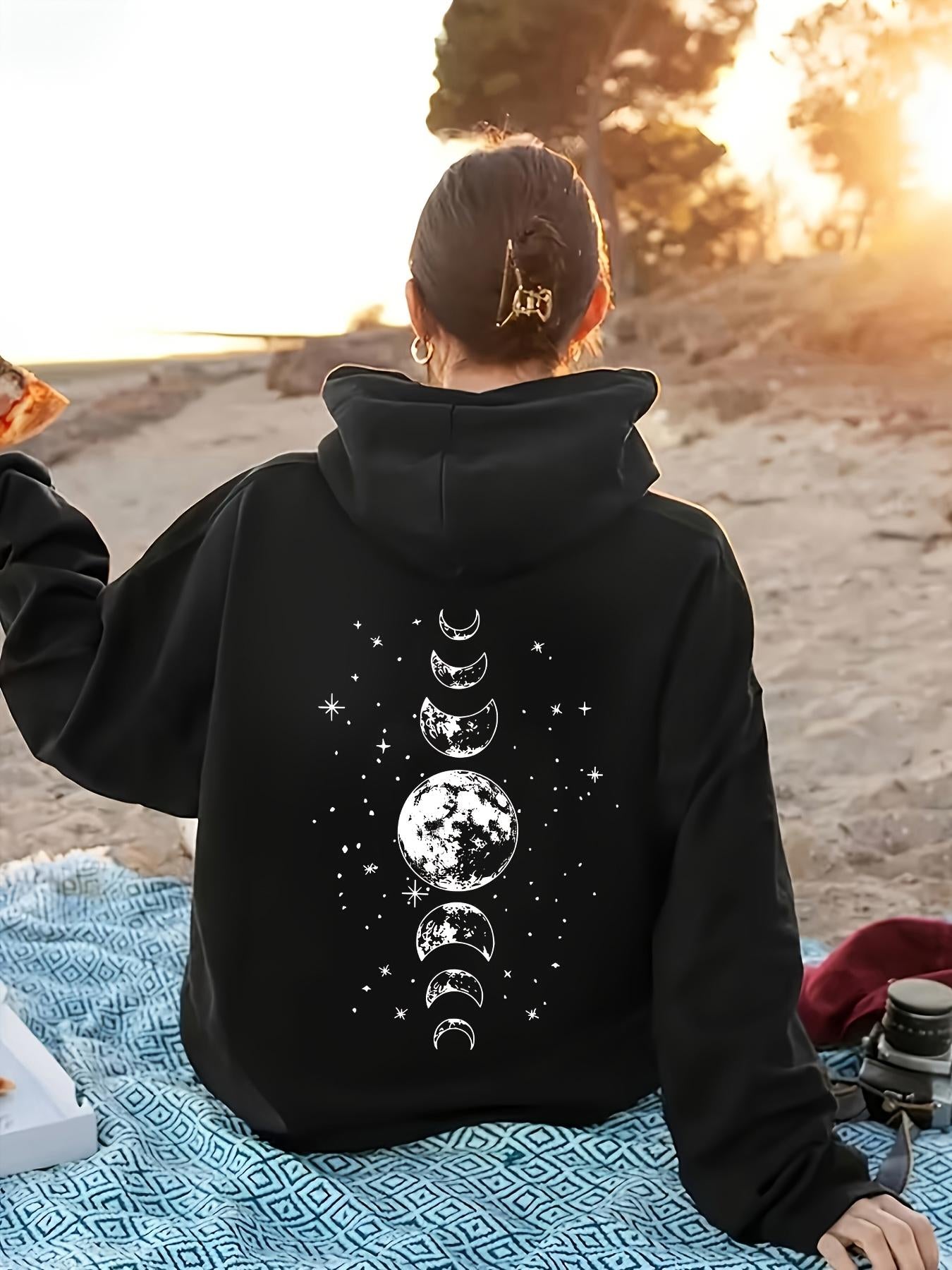 Tailorly Women's Printed Hoodie - Star Filled Night Sky With Phases Of The Glowing Moon