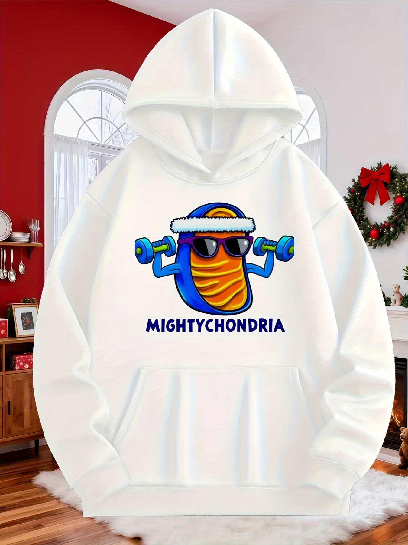 Tailorly Men's Printed Hoodie - Mighty Mitochondria Lifting Weights With Cool Sunglasses Cartoon Organelle