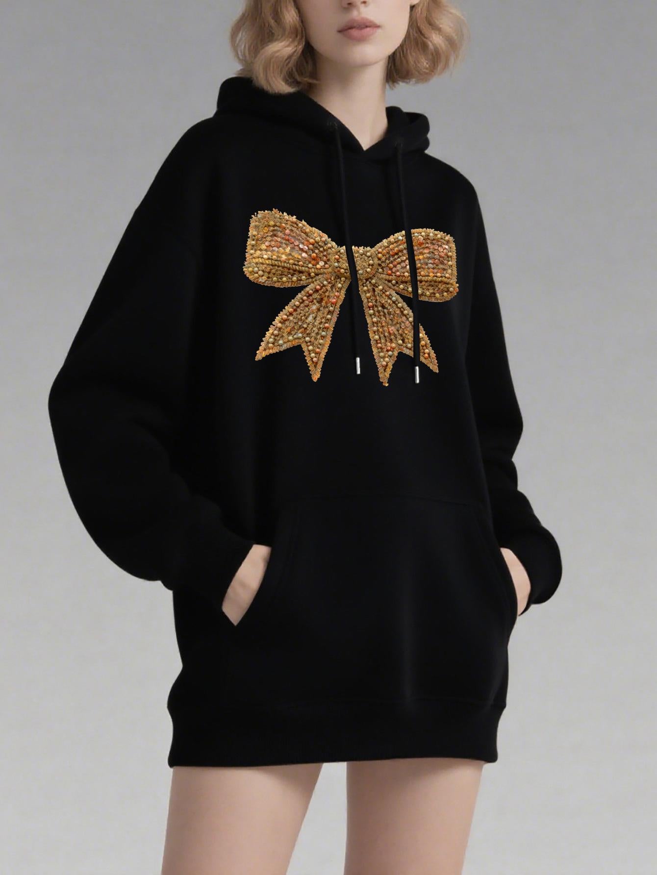Tailorly Women's Printed Hoodie - Sparkling Gold Ribbon With Glitter Accents Centered On Black Hoodie Bow