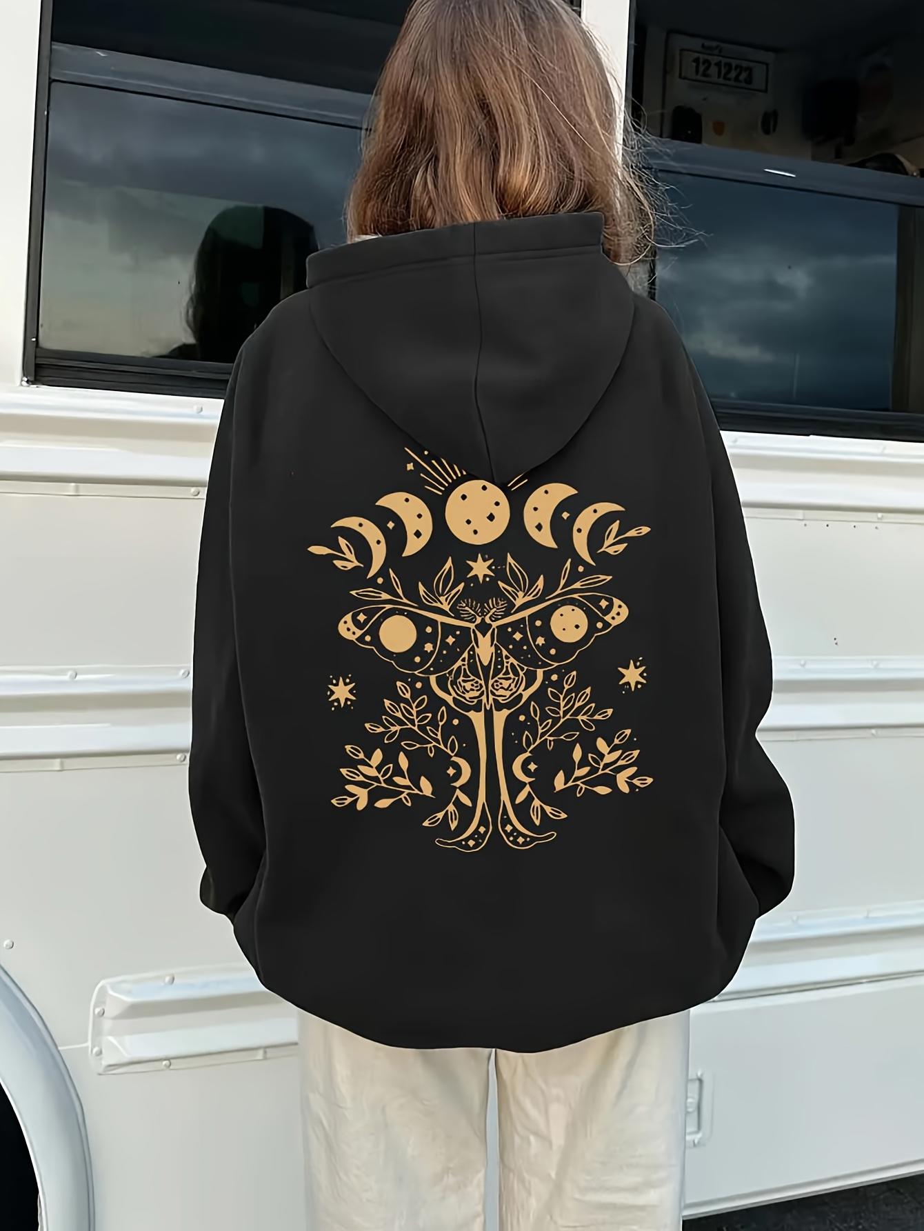Tailorly Women's Printed Hoodie - Golden Celestial Moon Phases With Ornamental Deer And Mystical Tree