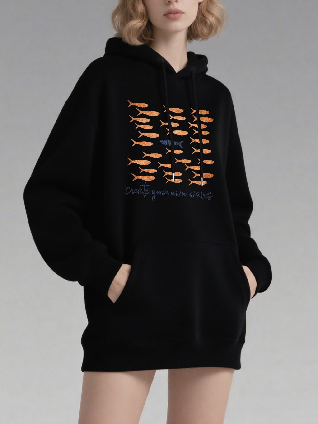 Tailorly Women's Printed Hoodie - Orange Fish Swimming Freely Among Blue Ocean School Fish