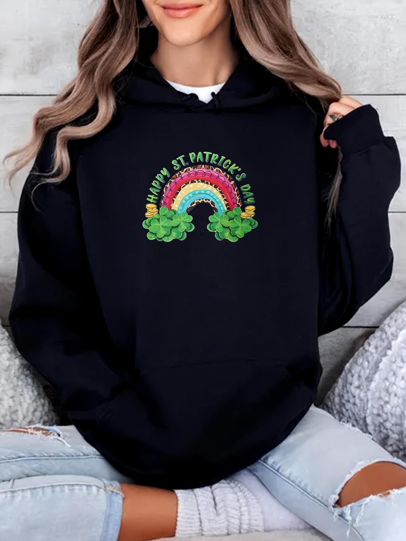 Tailorly Women's Printed Hoodie - Happy St Patricks Day Rainbow With Gold Coins And Green Clovers Under Clouds