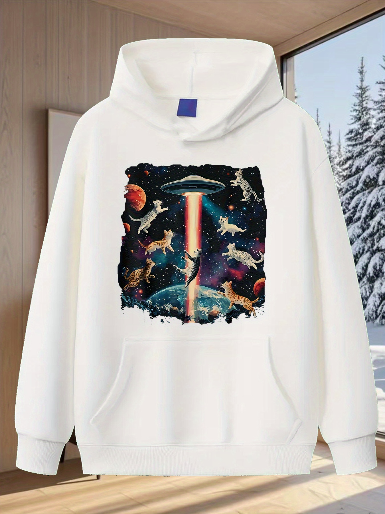 Tailorly Men's Printed Hoodie - Cosmic Beam With Galloping Deer Under Night Sky Spaceship