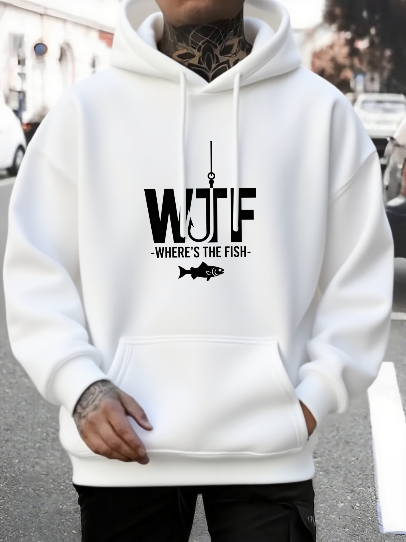 Tailorly Men's Printed Hoodie - Wtf Fishing Hook With Swimming Fish Among Bold Letters